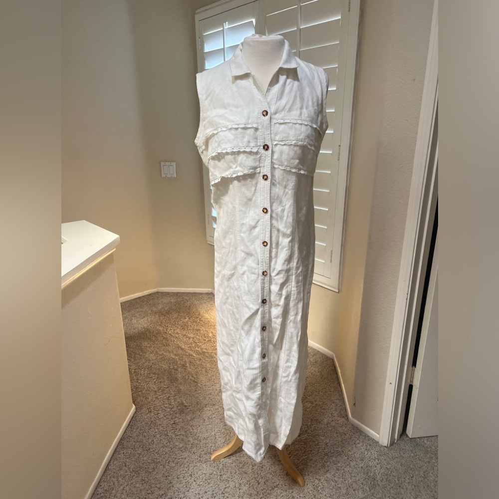 Vintage Nina Piccalino White linen Modest Lagenlook Long Maxi Dress size 6